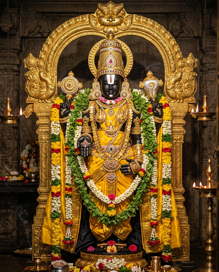 Lord Venkateshwara in full alankaram with golden crown, yellow silk and flower garlands