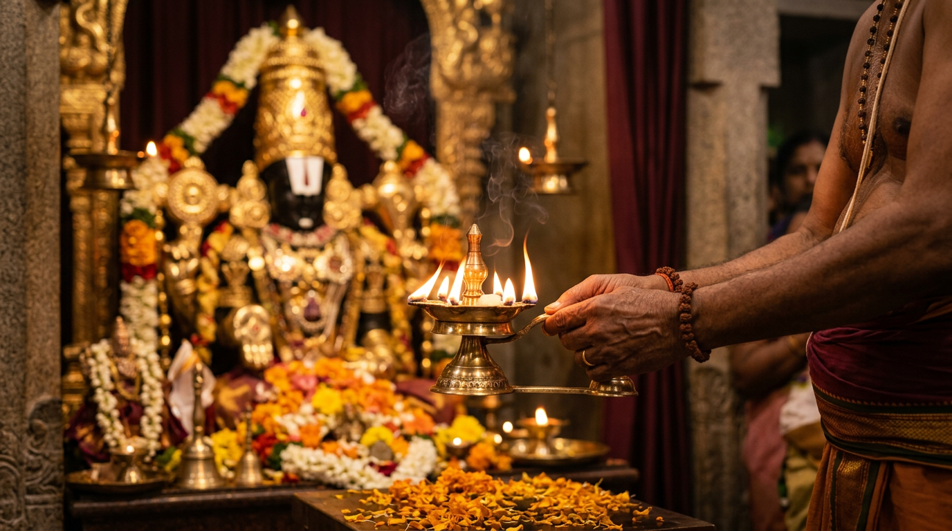 Harathi lamp being offered before Lord Venkateshwara