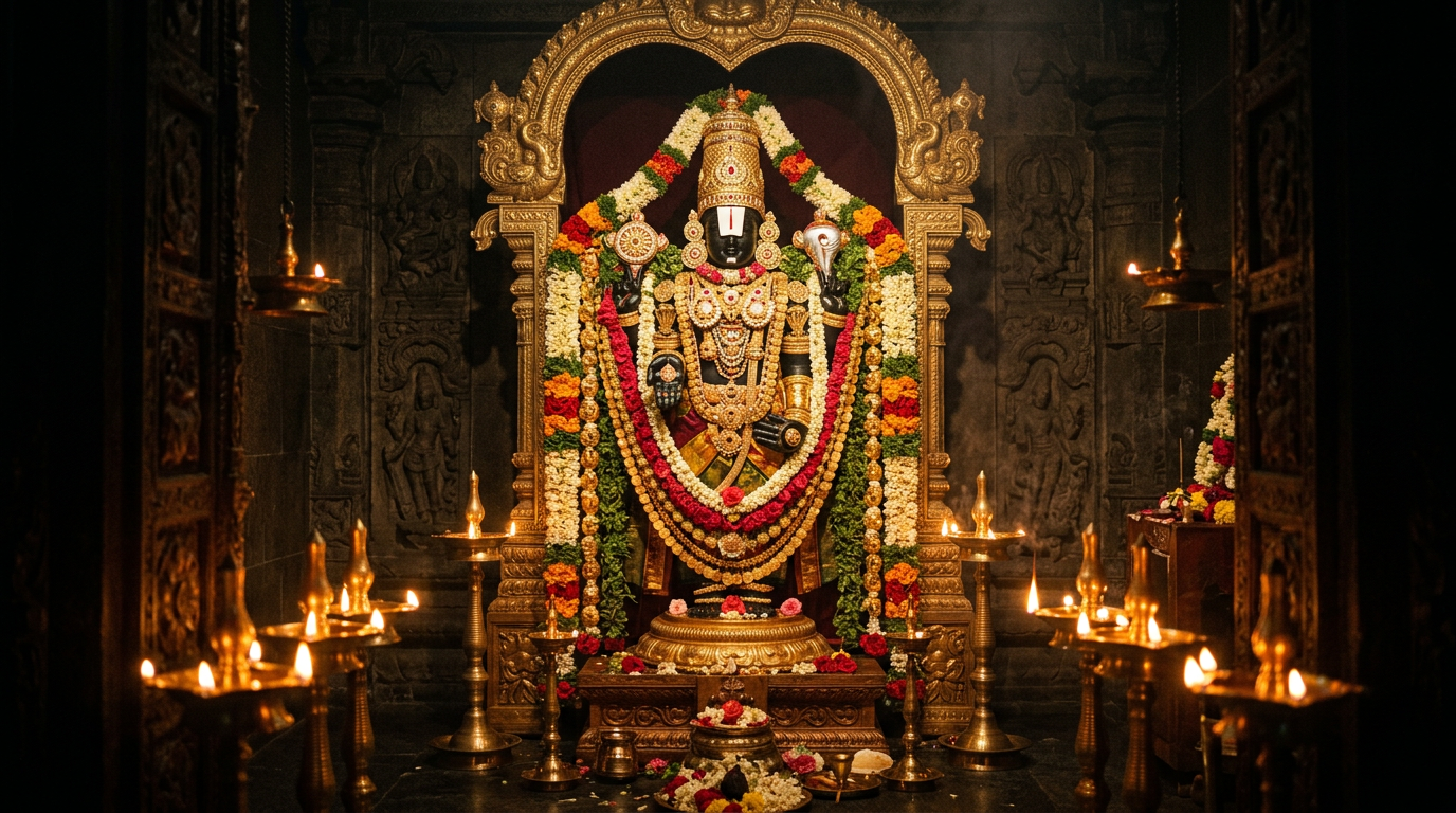 Lord Venkateshwara adorned with a golden crown and flower garlands in a lamp-lit sanctum