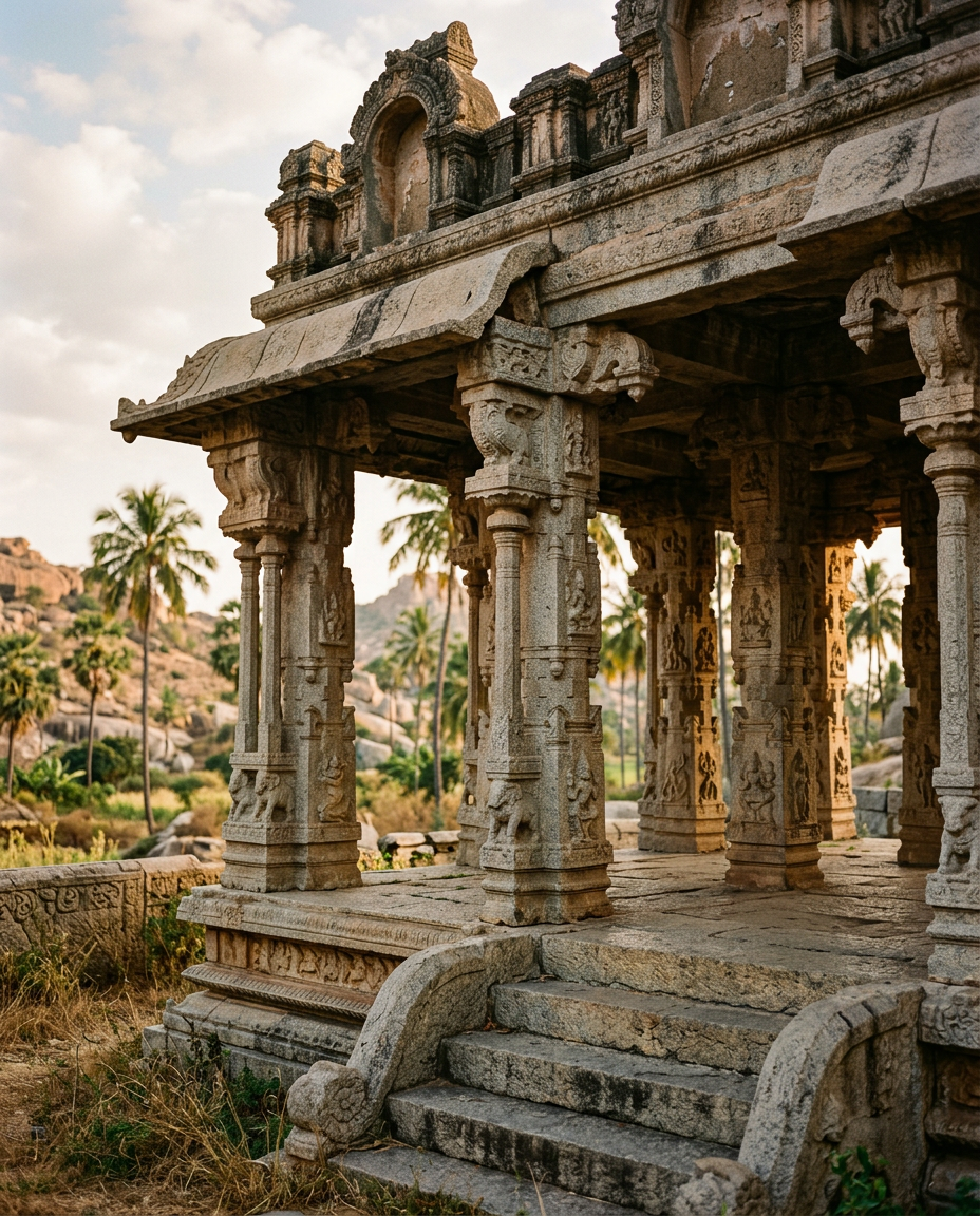 Weathered granite temple mandapam with carved stone pillars in a rural landscape
